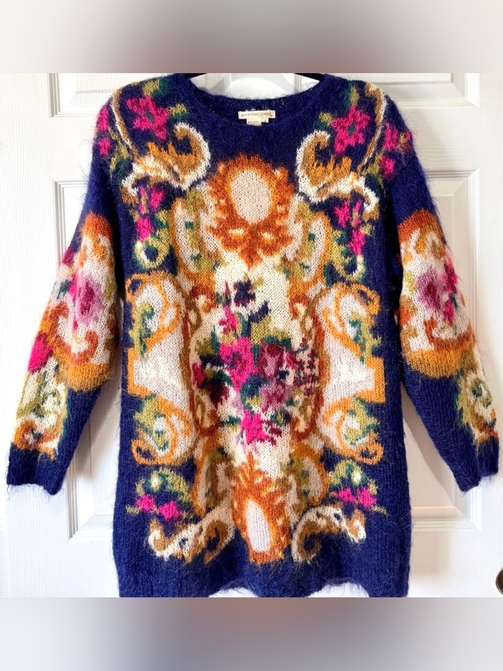Vintage Jennifer Reed Floral Mohair Hand Knit Long Sleeve Tunic Sweater Size S/M